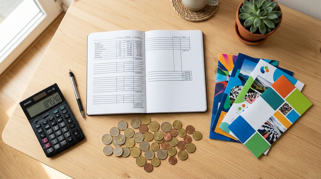 Calculatrice, budget et planning annuel sur un bureau