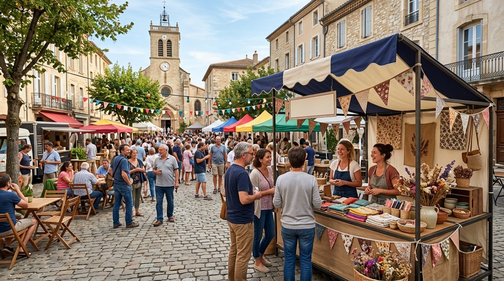 Stand d'une entreprise locale lors d'un marché en centre-ville