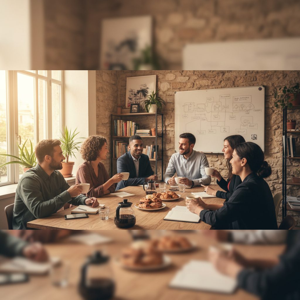 Réunion conviviale dans un bureau de PME, échanges autour d'un café